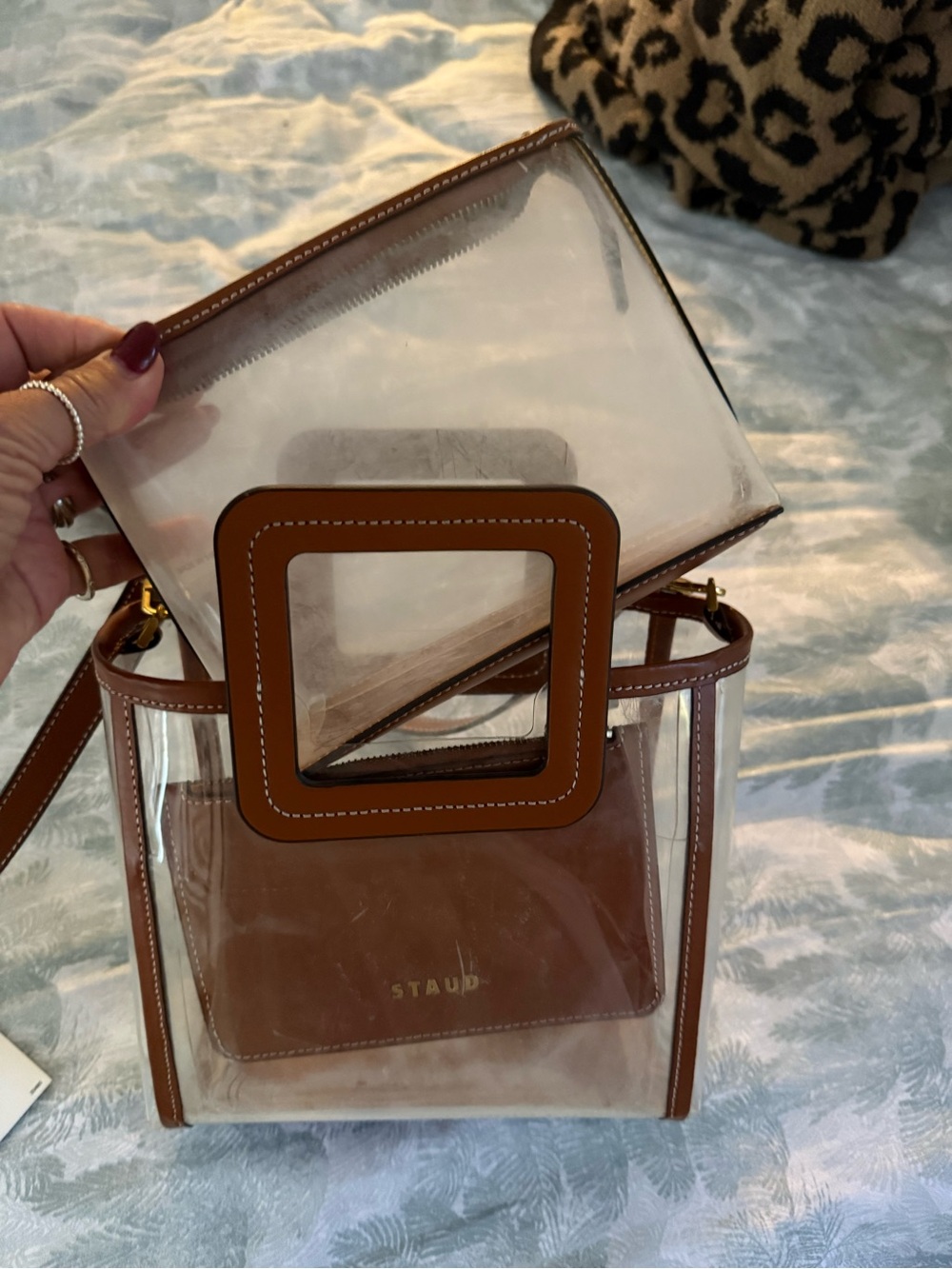 STAUD Clear Crossbody with Brown Leather Trim & Square Handle - Picture 3 of 8
